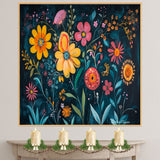Bold Folk Art Floral Canvas – Whimsical Colorful Flower Painting on Deep Teal Textured Background on Ready to Hang 1.5" Thick Canvas Wrap, Floating Framed Canvas, Flat Rolled Canvas