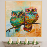 Colorful Owl Pair Artwork Featuring Bright Multicolored Feathers and Big Orange Eyes Perched on a Branch with Playful Abstract Background in Warm Tones on Ready to Hang 1.5" Thick Canvas Wrap, Floating Framed Canvas, Flat Rolled Canvas