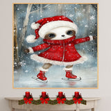 Whimsical Christmas Sloth Ice Skating Art – Red Santa Coat & Hat Winter Print, Cute Holiday Nursery Decor, Cozy Woodland Animal Illustration Wall Art on Ready to Hang 1.5" Thick Canvas Wrap, Floating Framed Canvas, Flat Rolled Canvas