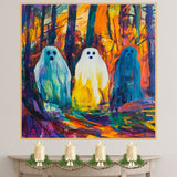 Three Colorful Ghosts in a Vivid Abstract Forest, Bold Halloween-Inspired Artwork with Bright Brushstrokes and Surreal Fantasy Atmosphere on Ready to Hang 1.5" Thick Canvas Wrap, Floating Framed Canvas, Flat Rolled Canvas