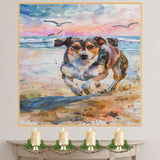Watercolor Painting of a Happy Dog Running on the Beach with Splashing Waves and Sunset Sky in a Playful Coastal Scene on Ready to Hang 1.5" Thick Canvas Wrap, Floating Framed Canvas, Flat Rolled Canvas