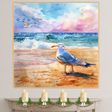 Watercolor Painting of a Seagull on the Beach with Rolling Ocean Waves and Colorful Sky at Sunset in a Coastal Scene on Ready to Hang 1.5" Thick Canvas Wrap, Floating Framed Canvas, Flat Rolled Canvas