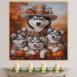 Autumn Charm: Siberian Husky Mom and Her Three Puppies in Victorian Elegance on Ready to Hang 1.5" Thick Canvas Wrap, Floating Framed Canvas, Flat Rolled Canvas
