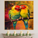 Affectionate Lovebird Pair Painting Featuring Vibrant Parrots in Red, Yellow, and Green Plumage Sharing a Tender Moment on a Branch in a Colorful Jungle Scene on Ready to Hang 1.5" Thick Canvas Wrap, Floating Framed Canvas, Flat Rolled Canvas