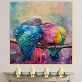 Colorful Love Birds Art in Bold Pink Blue Green and Yellow Tones Perched Together on Branch in Expressive Brushstroke Style for Bright Romantic Spaces on Ready to Hang 1.5" Thick Canvas Wrap, Floating Framed Canvas, Flat Rolled Canvas