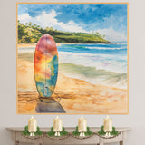 Watercolor Painting of a Multicolored Surfboard on a Sunny Beach with Ocean Waves and Palm-Covered Green Hills in the Background on Ready to Hang 1.5" Thick Canvas Wrap, Floating Framed Canvas, Flat Rolled Canvas
