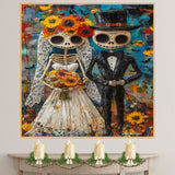 Skeleton Bride and Groom with Floral Accents – Día de los Muertos Wedding Painting with Bold Colors on Ready to Hang 1.5" Thick Canvas Wrap, Floating Framed Canvas, Flat Rolled Canvas