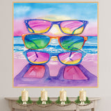 Watercolor Art of Three Vibrant Sunglasses Reflecting Ocean Sunset on a Tropical Beach in Summer Colors on Ready to Hang 1.5" Thick Canvas Wrap, Floating Framed Canvas, Flat Rolled Canvas