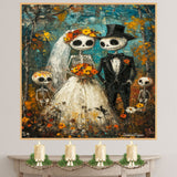 Skeleton Bride and Groom with Children – Día de los Muertos Wedding in Colorful Autumn Forest on Ready to Hang 1.5" Thick Canvas Wrap, Floating Framed Canvas, Flat Rolled Canvas