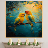 Golden Yellow Lovebirds on a Branch with Bold Jungle Background in Artistic Detail on Ready to Hang 1.5" Thick Canvas Wrap, Floating Framed Canvas, Flat Rolled Canvas