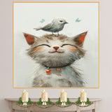 Delightful Painting of a Smiling Kitten with a White Bird on Its Head and Bells on Its Collar Perfect for Whimsical Decor or Gifts for Cat and Animal Lovers on Ready to Hang 1.5" Thick Canvas Wrap, Floating Framed Canvas, Flat Rolled Canvas