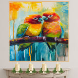 Colorful Lovebird Pair in Abstract Impressionist Style with Vibrant Tropical Hues Sitting on a Branch Against a Bright Blue and Yellow Background on Ready to Hang 1.5" Thick Canvas Wrap, Floating Framed Canvas, Flat Rolled Canvas