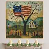 Charming Folk Art Scene of 4th of July Celebration with American Flag Tree, Village Parade, and Country Landscape in a Whimsical Patriotic Americana Style on Ready to Hang 1.5" Thick Canvas Wrap, Floating Framed Canvas, Flat Rolled Canvas