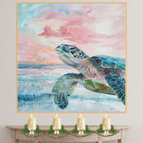 Watercolor Sea Turtle Swimming in Ocean with Pastel Sky and Gentle Waves in Coastal Marine Life Art Print on Ready to Hang 1.5" Thick Canvas Wrap, Floating Framed Canvas, Flat Rolled Canvas