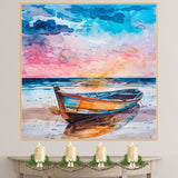 Watercolor Painting of Colorful Wooden Rowboat on Sandy Beach with Sunset Reflections and Dramatic Sky over the Ocean on Ready to Hang 1.5" Thick Canvas Wrap, Floating Framed Canvas, Flat Rolled Canvas