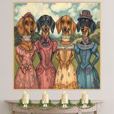 Victorian Dachshund Art Print with Four Sausage Dogs in Elegant Dresses A Whimsical Hand Drawn Dog Illustration Perfect for Unique Home or Gift Decor on Ready to Hang 1.5" Thick Canvas Wrap, Floating Framed Canvas, Flat Rolled Canvas