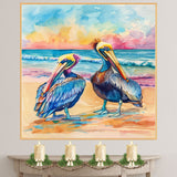Two Vibrant Pelicans on a Tropical Beach with Ocean Waves and Sunset Sky in Colorful Watercolor Illustration on Ready to Hang 1.5" Thick Canvas Wrap, Floating Framed Canvas, Flat Rolled Canvas