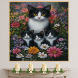 Blooming Whiskers: Tuxedo Cat Mom and Three Kittens in a Vibrant Spring Meadow on Ready to Hang 1.5" Thick Canvas Wrap, Floating Framed Canvas, Flat Rolled Canvas