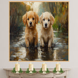 Adorable Puppies by the Pond – Impressionist Style Dog on Ready to Hang 1.5" Thick Canvas Wrap, Floating Framed Canvas, Flat Rolled Canvas