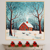 Whimsical Christmas Forest Scene with Red Brick House, Snowy Trees, Reindeer, and Falling Snow Under a Winter Sky on Ready to Hang 1.5" Thick Canvas Wrap, Floating Framed Canvas, Flat Rolled Canvas
