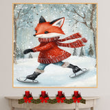 Whimsical Christmas Fox Ice Skating in Red Sweater and Scarf Canvas or Wall Art Print on Ready to Hang 1.5" Thick Canvas Wrap, Floating Framed Canvas, Flat Rolled Canvas
