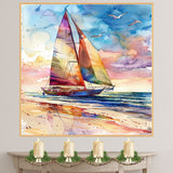 Watercolor Painting of Multicolored Sailboat on Ocean with Sunset Sky and Seagulls on Ready to Hang 1.5" Thick Canvas Wrap, Floating Framed Canvas, Flat Rolled Canvas