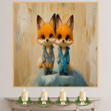 Adorable Painting of Two Baby Foxes in Blue Pajamas with Sweet Expressions Sitting Together on a Soft Surface with a Light Textured Background on Ready to Hang 1.5" Thick Canvas Wrap, Floating Framed Canvas, Flat Rolled Canvas