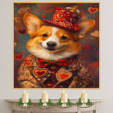 Aristocratic Love: Corgi in an Elegant European Red Dress and Hat with a Heartfelt Touch Timeless Painting on Ready to Hang 1.5" Thick Canvas Wrap, Floating Framed Canvas, Flat Rolled Canvas