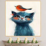 Charming Blue Cat with Orange Bird on Head Whimsical Animal Artwork for Nursery Kids Room and Pet Lovers Perfect Gift for Cat and Bird Enthusiasts on Ready to Hang 1.5" Thick Canvas Wrap, Floating Framed Canvas, Flat Rolled Canvas