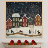 Vintage Christmas Folk Art Scene with Horse-Drawn Sleigh, Snowy Village Homes, Lit Windows, and Falling Snowflakes on Ready to Hang 1.5" Thick Canvas Wrap, Floating Framed Canvas, Flat Rolled Canvas