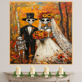 Skeleton Wedding Family in Autumn Forest – Día de los Muertos Folk Art with Bright Floral Accents on Ready to Hang 1.5" Thick Canvas Wrap, Floating Framed Canvas, Flat Rolled Canvas