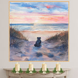 Watercolor Painting of Dog Sitting on Sandy Path Watching Ocean Sunset with Grasses and Colorful Sky Reflections on Ready to Hang 1.5" Thick Canvas Wrap, Floating Framed Canvas, Flat Rolled Canvas