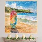 Watercolor Painting of a Multicolored Surfboard on a Tropical Beach with Ocean Waves and Green Coastal Hills in the Background on Ready to Hang 1.5" Thick Canvas Wrap, Floating Framed Canvas, Flat Rolled Canvas