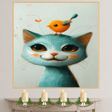 Playful Blue Cat with Cute Yellow Bird on Head Fun Animal Illustration for Nursery Kids Room and Pet Lovers Adorable Gift for Cat and Bird Fans on Ready to Hang 1.5" Thick Canvas Wrap, Floating Framed Canvas, Flat Rolled Canvas