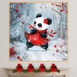 Whimsical Christmas Panda Bear Ice Skating in Red Dress and Scarf – Adorable Holiday Animal Art for Winter Nursery Decor, Seasonal Gifts, or Festive Displays on Ready to Hang 1.5" Thick Canvas Wrap, Floating Framed Canvas, Flat Rolled Canvas
