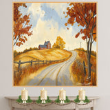Golden Autumn Country Road with Red Farmhouse and Trees – Serene Folk Art Landscape Print on Ready to Hang 1.5" Thick Canvas Wrap, Floating Framed Canvas, Flat Rolled Canvas