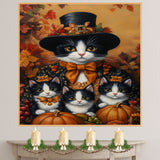 Autumn Whimsy: Tuxedo Cat Mom and Three Kittens in Festive Costumes with Pumpkins on Ready to Hang 1.5" Thick Canvas Wrap, Floating Framed Canvas, Flat Rolled Canvas