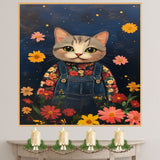 Adorable Gray Tabby Cat in Overalls Hand Painted Floral Art Whimsical Night Scene Perfect for Nursery Kids Room Bedroom Wall Decor or Gifts for Cat Lovers on Ready to Hang 1.5" Thick Canvas Wrap, Floating Framed Canvas, Flat Rolled Canvas