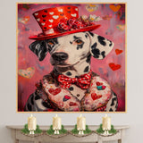 Victorian Romance: Dalmatian in a Pink Heart-Patterned Suit and Hat Elegant European-Inspired Painting on Ready to Hang 1.5" Thick Canvas Wrap, Floating Framed Canvas, Flat Rolled Canvas