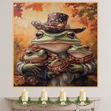 Autumn Reverie: Green Frog Family in Victorian European Dresses and Hats on Ready to Hang 1.5" Thick Canvas Wrap, Floating Framed Canvas, Flat Rolled Canvas