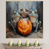 Halloween Wall Art Featuring Frogs with Glowing Jack-o’-Lantern Fun and Spooky Retro-Style Artwork Perfect for Frog Lovers and Unique Seasonal Home Décor on Ready to Hang 1.5" Thick Canvas Wrap, Floating Framed Canvas, Flat Rolled Canvas