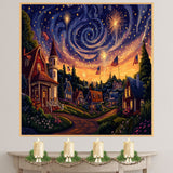 Whimsical 4th of July Village with Fireworks, American Flags, and Glowing Cottages Under a Swirling Starry Sky, Festive Celebration of Patriotism and Magic on Ready to Hang 1.5" Thick Canvas Wrap, Floating Framed Canvas, Flat Rolled Canvas