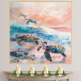 Sea Turtles Swimming in Dreamy Pastel Ocean Watercolor with Gentle Waves and Serene Sunset Background on Ready to Hang 1.5" Thick Canvas Wrap, Floating Framed Canvas, Flat Rolled Canvas