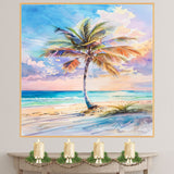 Tropical Beach Sunset with Colorful Palm Tree Watercolor Painting Ocean View on Ready to Hang 1.5" Thick Canvas Wrap, Floating Framed Canvas, Flat Rolled Canvas