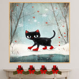 Christmas Wall Art Featuring Black Cat in Red Skates Gliding on Ice in Snowy Forest Whimsical Holiday Illustration Perfect for Cat Lovers and Winter Home Decor on Ready to Hang 1.5" Thick Canvas Wrap, Floating Framed Canvas, Flat Rolled Canvas