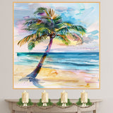 Watercolor Painting of a Palm Tree on a Tropical Beach with Sunset Sky and Ocean in Soft Multicolored Tones on Ready to Hang 1.5" Thick Canvas Wrap, Floating Framed Canvas, Flat Rolled Canvas