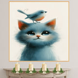 Big-Eyed Blue Kitten with Bird on Head Sweet and Whimsical Animal Illustration for Nursery or Kids Room Art Print Perfect for Cat and Bird Lovers on Ready to Hang 1.5" Thick Canvas Wrap, Floating Framed Canvas, Flat Rolled Canvas