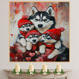 Warm Embrace: Siberian Husky Mom and Her Three Puppies in Cozy Red Scarves and Hats on Ready to Hang 1.5" Thick Canvas Wrap, Floating Framed Canvas, Flat Rolled Canvas