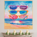 Watercolor Illustration of Three Colorful Sunglasses Stacked with Ocean Reflections and Vibrant Beach Background on Ready to Hang 1.5" Thick Canvas Wrap, Floating Framed Canvas, Flat Rolled Canvas