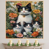 Blossoming Meadow: Tuxedo Cat Mom and Three Kittens in Spring on Ready to Hang 1.5" Thick Canvas Wrap, Floating Framed Canvas, Flat Rolled Canvas